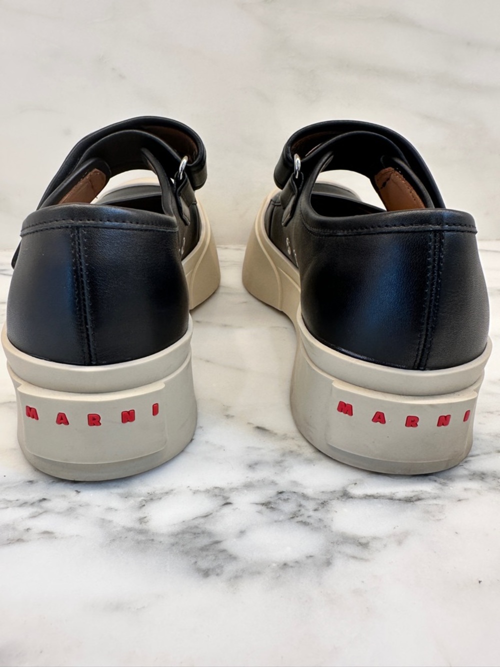 MARNI women’s Black Leather Mary Jane Sneaker with White Platform Sole. - Picture 4 of 11